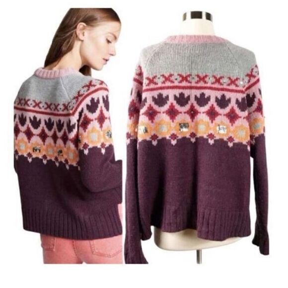 Cinq A Sept Women’s Size XS Sweater Purple Gianni Fair Isle Sequin Wool Y2K - Picture 4 of 15